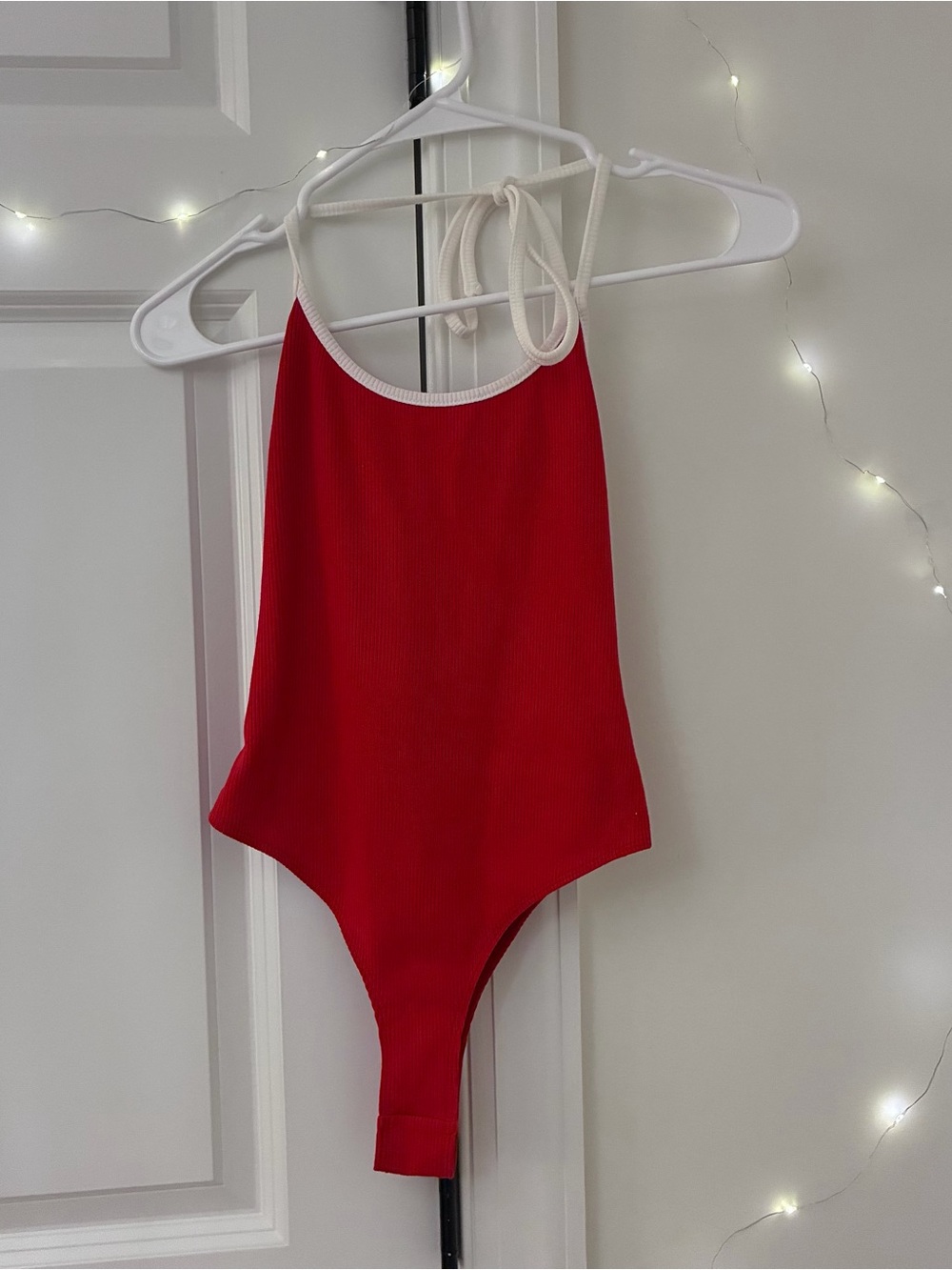 Princess Polly Red Ribbed Halter Bodysuit with Cream Trim